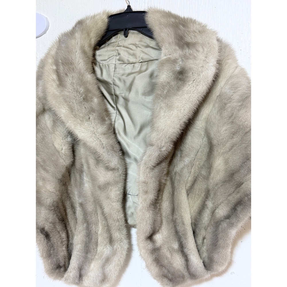 Vintage Genuine Mink Fur Stole Shawl Wrap Silver Blue Grey Satin Lined 20in